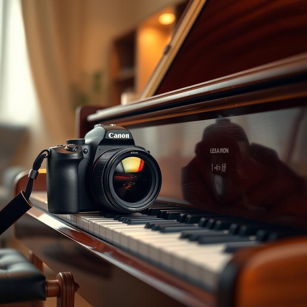 A high-quality still life composition featuring a DSLR camera elegantly placed next to a grand piano