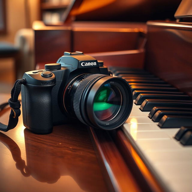 A high-quality still life composition featuring a DSLR camera elegantly placed next to a grand piano