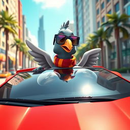 A vibrant and whimsical 3D cartoon design featuring a human-like pigeon sitting confidently behind the wheel of a luxurious Lamborghini, with the car showcasing its sleek lines and vibrant colors