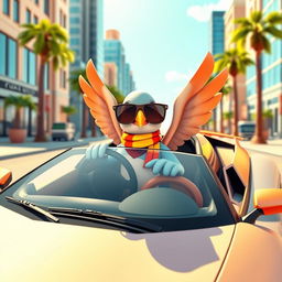 A vibrant and whimsical 3D cartoon design featuring a human-like pigeon sitting confidently behind the wheel of a luxurious Lamborghini, with the car showcasing its sleek lines and vibrant colors