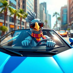 A vibrant and whimsical 3D cartoon design featuring a human-like pigeon sitting confidently behind the wheel of a luxurious Lamborghini, with the car showcasing its sleek lines and vibrant colors