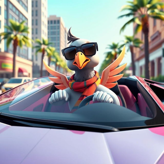 A vibrant and whimsical 3D cartoon design featuring a human-like pigeon sitting confidently behind the wheel of a luxurious Lamborghini, with the car showcasing its sleek lines and vibrant colors