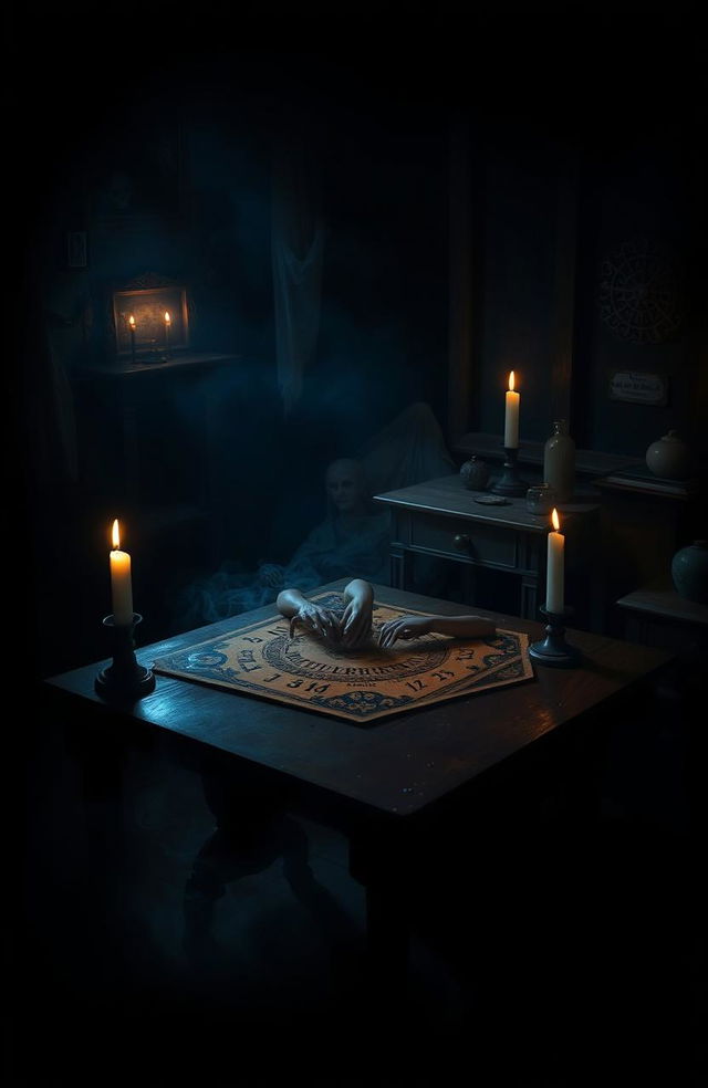 A dark and eerie room filled with shadows, featuring an antique Ouija board on a wooden table