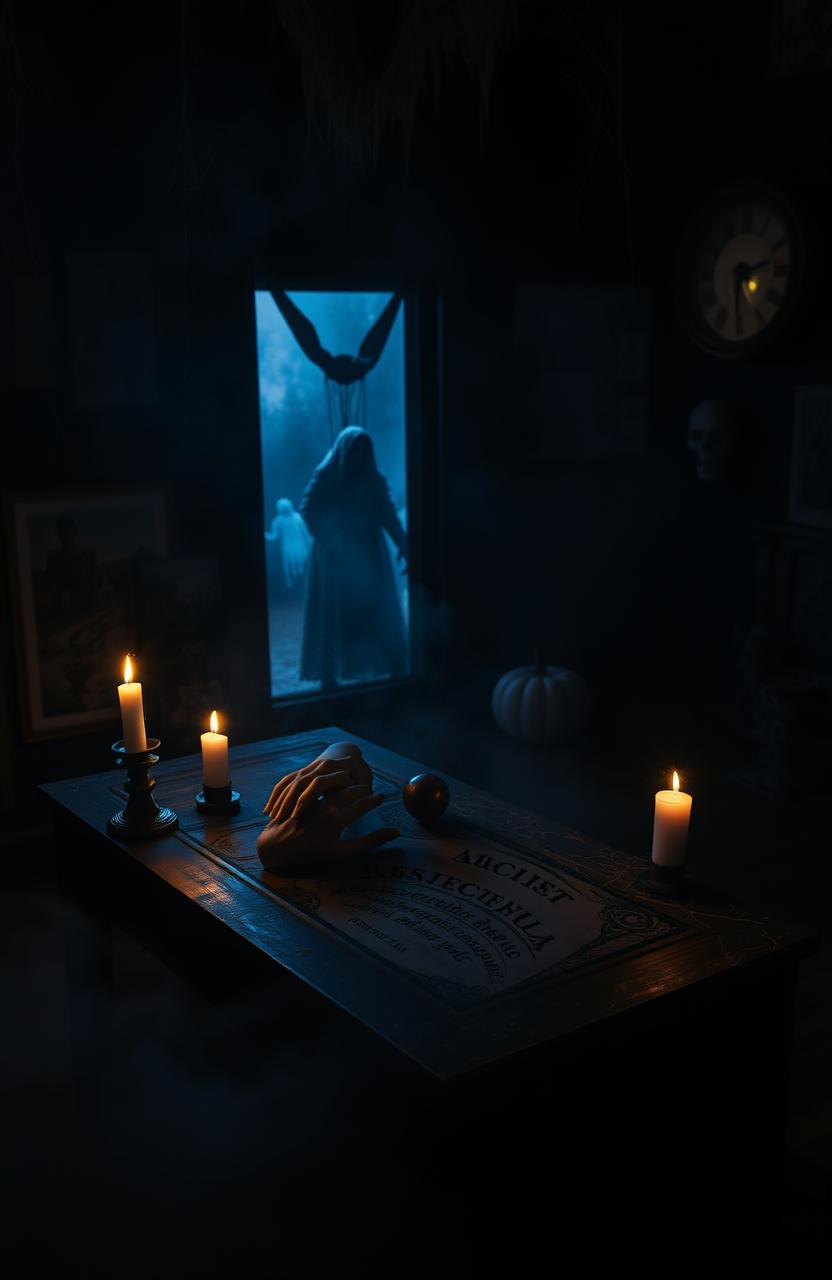 A dark and eerie room filled with shadows, featuring an antique Ouija board on a wooden table