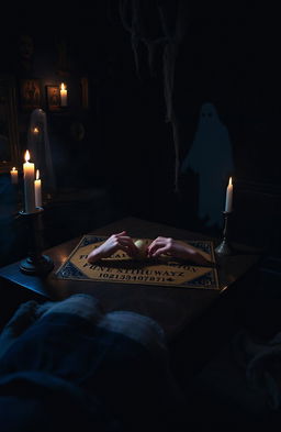 A dark and eerie room filled with shadows, featuring an antique Ouija board on a wooden table