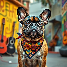 A French Bulldog styled as a vibrant character embodying the essence of corridos tumbados, featuring a relaxed, confident posture