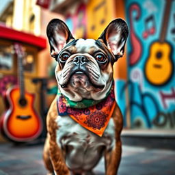 A French Bulldog styled as a vibrant character embodying the essence of corridos tumbados, featuring a relaxed, confident posture