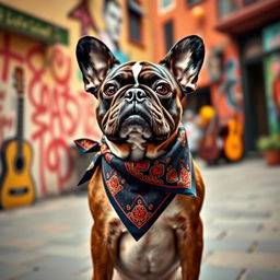 A French Bulldog styled as a vibrant character embodying the essence of corridos tumbados, featuring a relaxed, confident posture