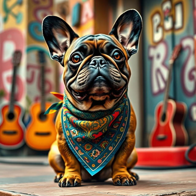 A French Bulldog styled as a vibrant character embodying the essence of corridos tumbados, featuring a relaxed, confident posture