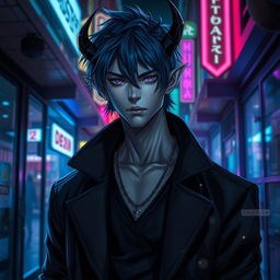 A striking portrayal of an urban fantasy character, featuring a male Drow dark elf with dark blue hair and gray skin