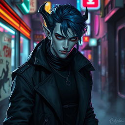 A striking portrayal of an urban fantasy character, featuring a male Drow dark elf with dark blue hair and gray skin