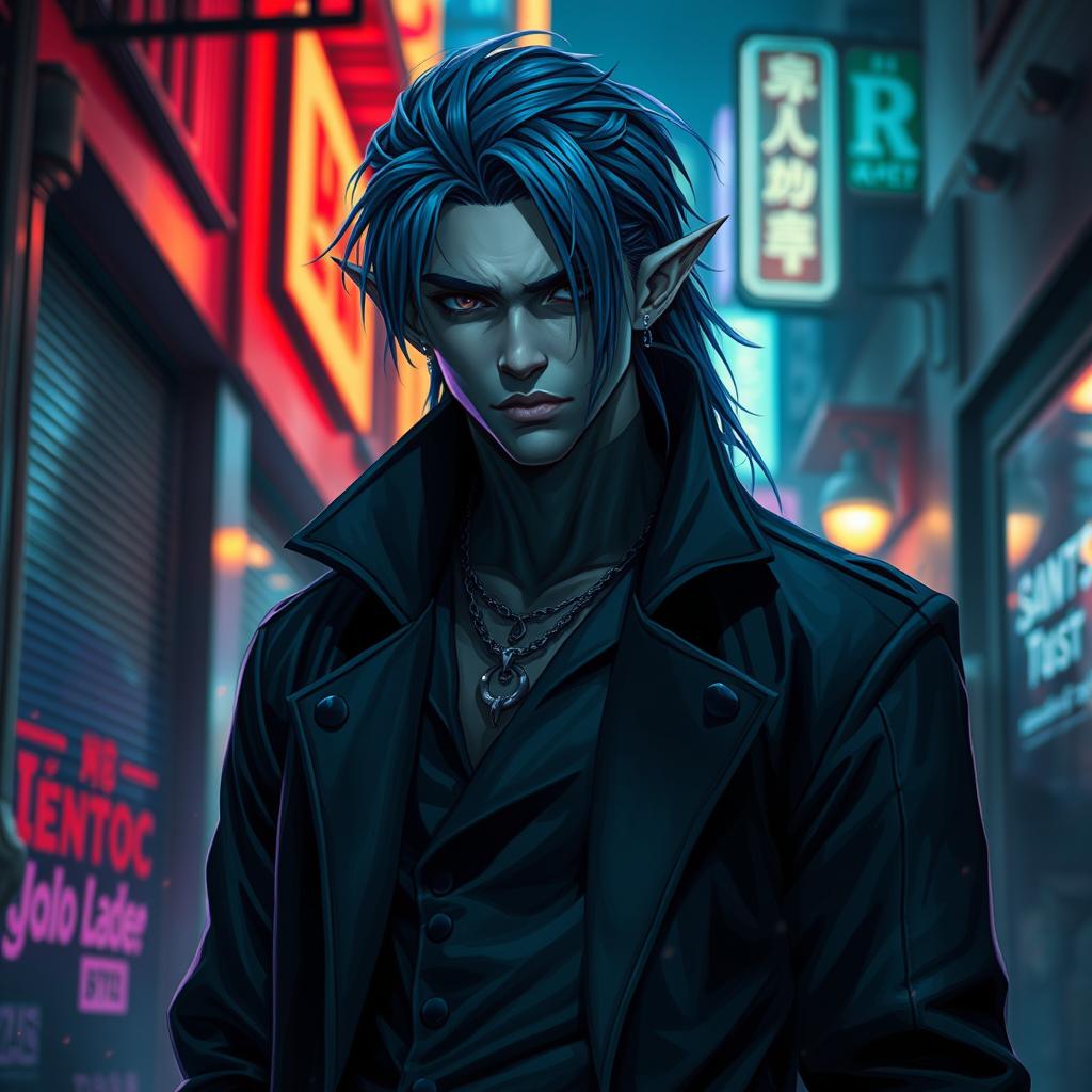 A striking portrayal of an urban fantasy character, featuring a male Drow dark elf with dark blue hair and gray skin