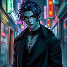 A striking portrayal of an urban fantasy character, featuring a male Drow dark elf with dark blue hair and gray skin