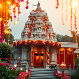 A stunning Hindu temple adorned with vibrant flowers and twinkling lights, capturing the serene beauty of the architecture and floral arrangements