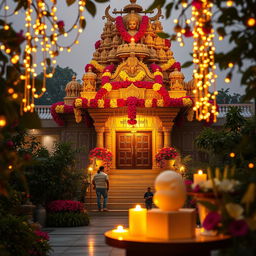 A stunning Hindu temple adorned with vibrant flowers and twinkling lights, capturing the serene beauty of the architecture and floral arrangements