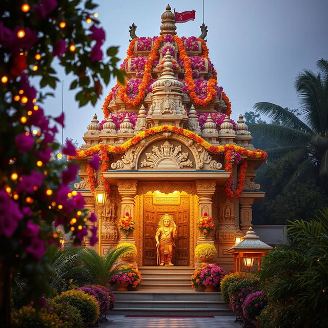 A stunning Hindu temple adorned with vibrant flowers and twinkling lights, capturing the serene beauty of the architecture and floral arrangements