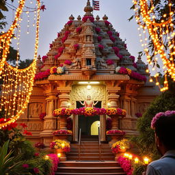 A stunning Hindu temple adorned with vibrant flowers and twinkling lights, capturing the serene beauty of the architecture and floral arrangements