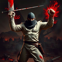 A fierce fencing captain standing on a chaotic battlefield, his mask removed revealing a strong, rugged face with intense determination