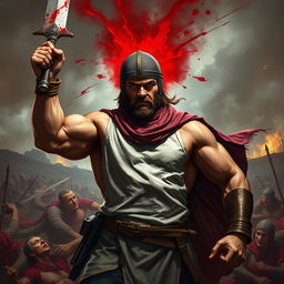 A fierce fencing captain standing on a chaotic battlefield, his mask removed revealing a strong, rugged face with intense determination