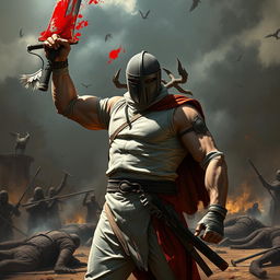 A fierce fencing captain standing on a chaotic battlefield, his mask removed revealing a strong, rugged face with intense determination