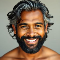 A medium height man with a sturdy, well-proportioned physique, showcasing a radiant light brown skin tone with a healthy glow