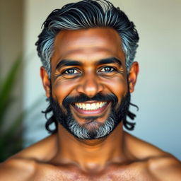 A medium height man with a sturdy, well-proportioned physique, showcasing a radiant light brown skin tone with a healthy glow