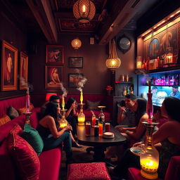 A stylish hookah bar scene, featuring a vibrant atmosphere with plush seating, colorful cushions, and ornate decor