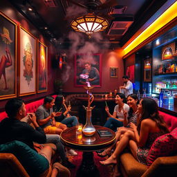 A stylish hookah bar scene, featuring a vibrant atmosphere with plush seating, colorful cushions, and ornate decor