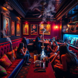 A stylish hookah bar scene, featuring a vibrant atmosphere with plush seating, colorful cushions, and ornate decor