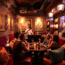 A stylish hookah bar scene, featuring a vibrant atmosphere with plush seating, colorful cushions, and ornate decor