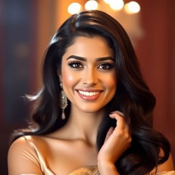 A glamorous portrait of a Bollywood actress with long dark hair, beautiful features, wearing an elegant outfit with soft makeup