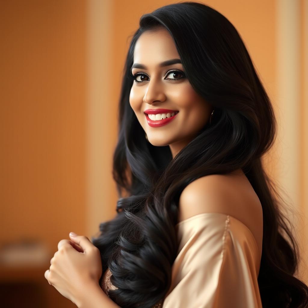 A glamorous portrait of a Bollywood actress with long dark hair, beautiful features, wearing an elegant outfit with soft makeup