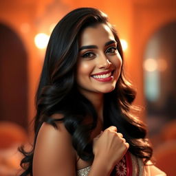 A glamorous portrait of a Bollywood actress with long dark hair, beautiful features, wearing an elegant outfit with soft makeup