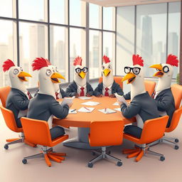 A 3D cartoon-style scene depicting human-like pigeons in a board meeting setting