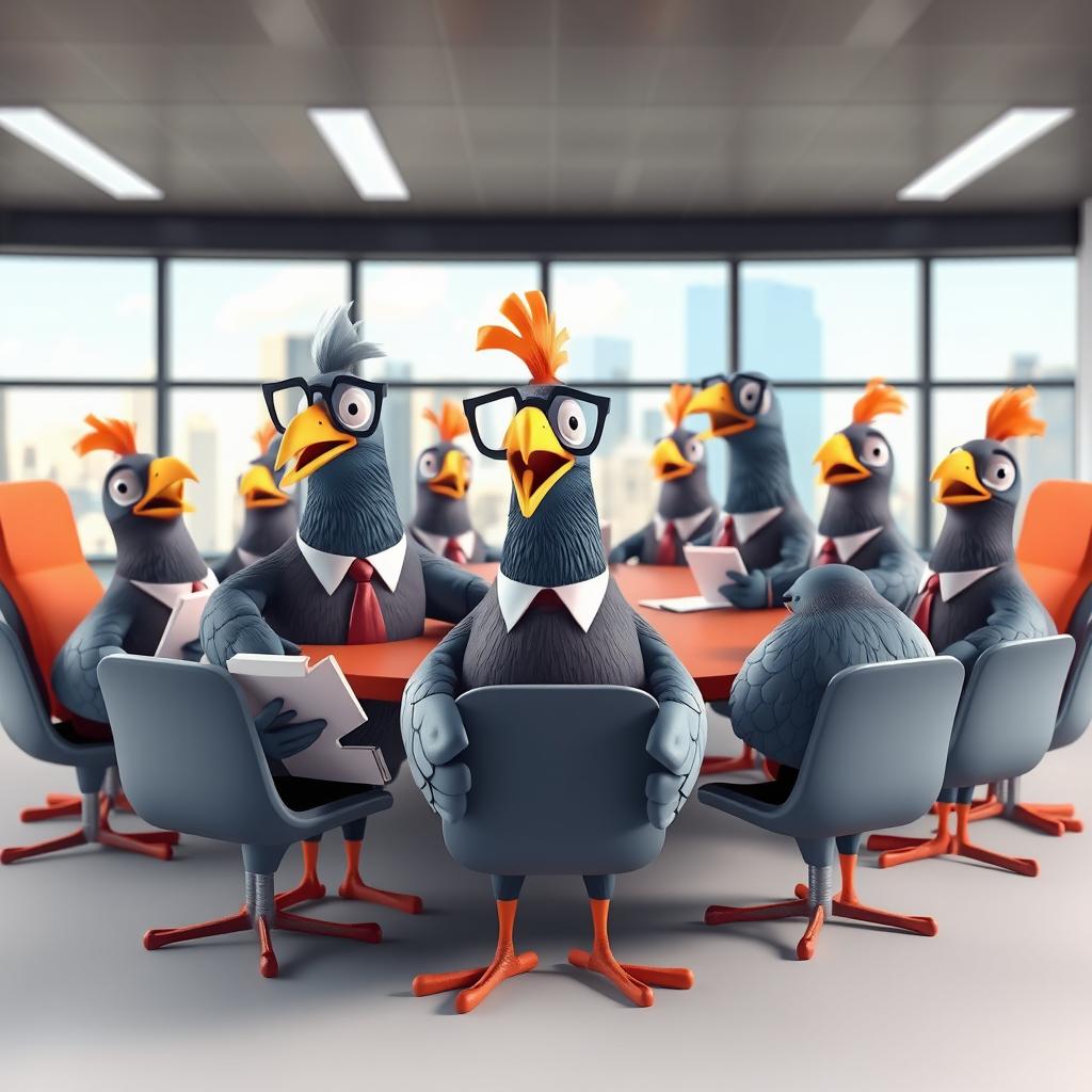 A 3D cartoon-style scene depicting human-like pigeons in a board meeting setting