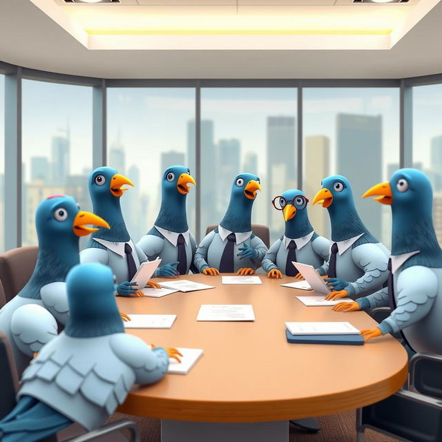 A 3D cartoon-style scene depicting human-like pigeons in a board meeting setting