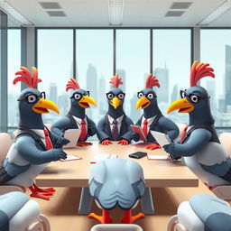 A 3D cartoon-style scene depicting human-like pigeons in a board meeting setting