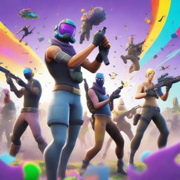 A high-quality digital art piece showcasing a vibrant and chaotic Fortnite map scene