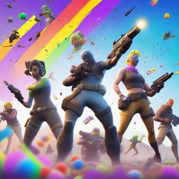 A high-quality digital art piece showcasing a vibrant and chaotic Fortnite map scene