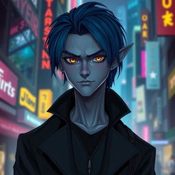 An urban fantasy character portrait of a 35-year-old male Drow dark elf