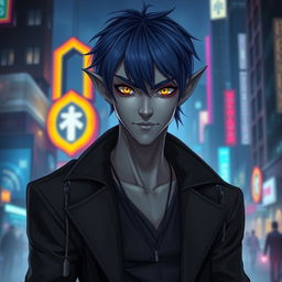 An urban fantasy character portrait of a 35-year-old male Drow dark elf