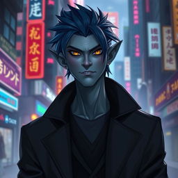 An urban fantasy character portrait of a 35-year-old male Drow dark elf