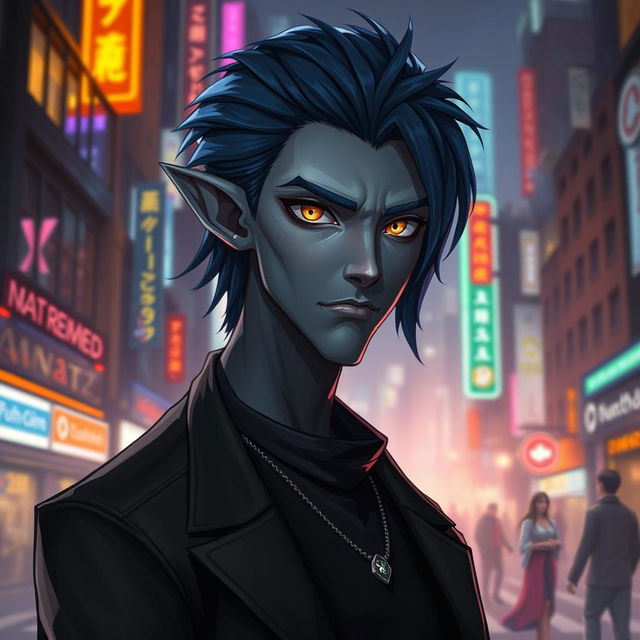 An urban fantasy character portrait of a 35-year-old male Drow dark elf