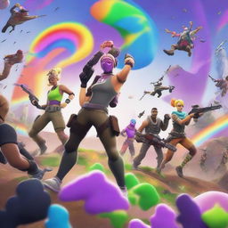 A high-quality digital art piece showcasing a vibrant and chaotic Fortnite map scene