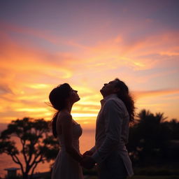 A romantic scene of a couple kissing, standing under a beautiful sunset sky with warm hues of orange and pink