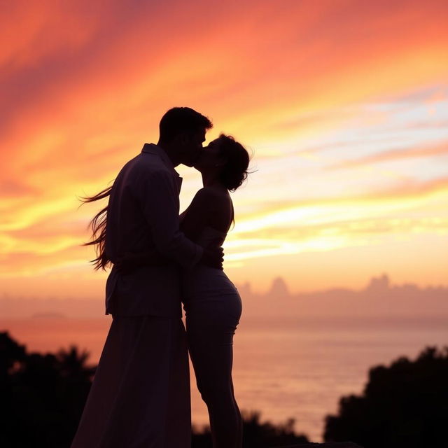 A romantic scene of a couple kissing, standing under a beautiful sunset sky with warm hues of orange and pink