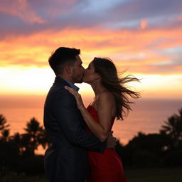 A romantic scene of a couple kissing, standing under a beautiful sunset sky with warm hues of orange and pink