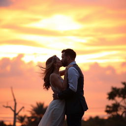 A romantic scene of a couple kissing, standing under a beautiful sunset sky with warm hues of orange and pink