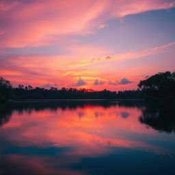 A beautiful sunset over a tranquil lake, with trees on either side reflecting gently in the water