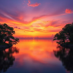 A beautiful sunset over a tranquil lake, with trees on either side reflecting gently in the water